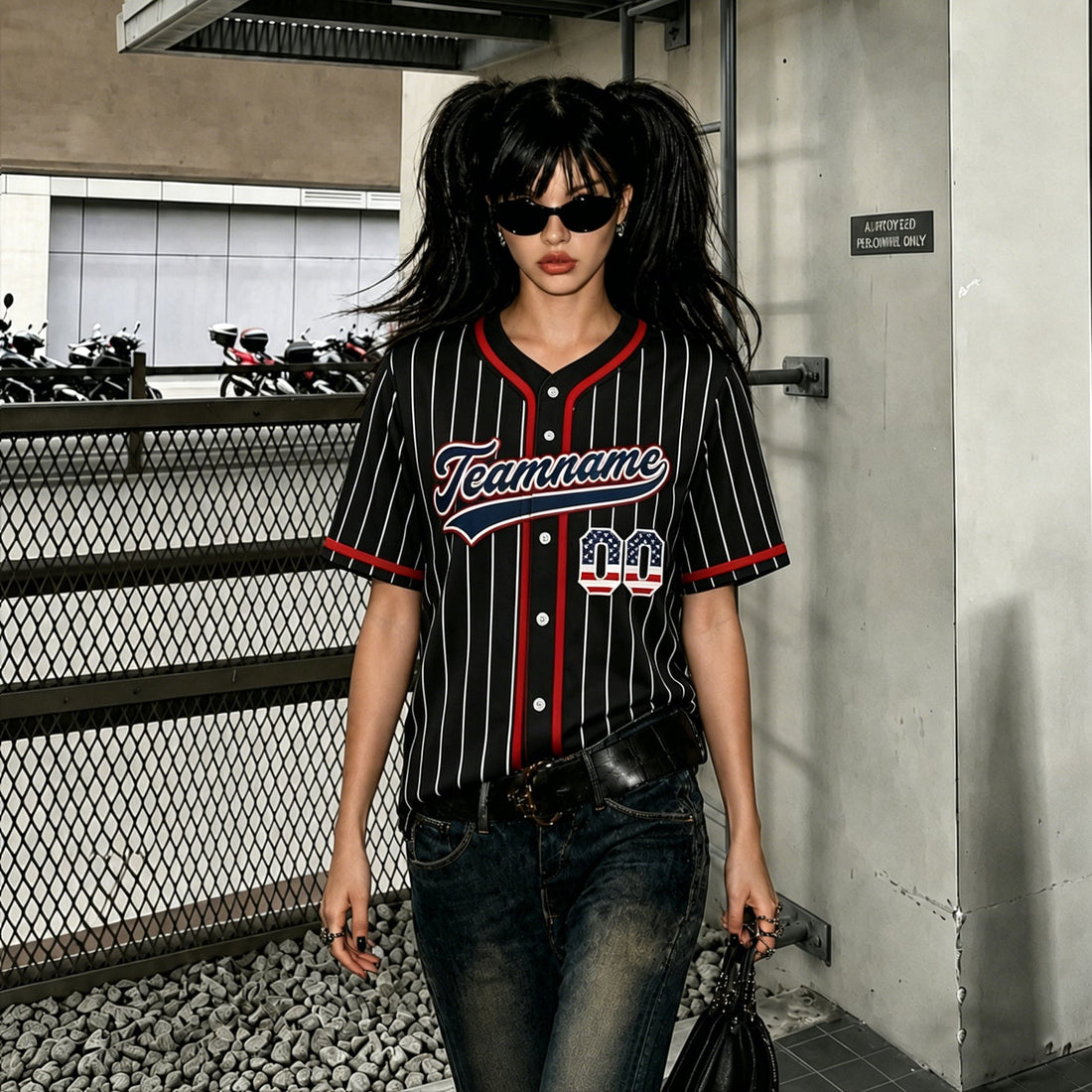 Women Black Custom Name Number Pinstripe Baseball Jersey