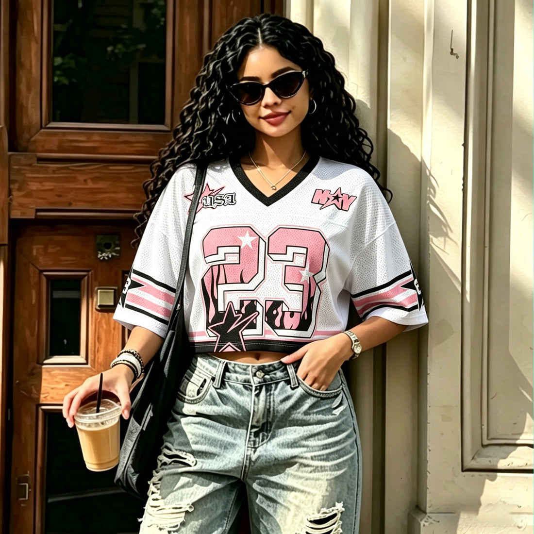 Women White Y2K Streetwear Jersey Crop Tops
